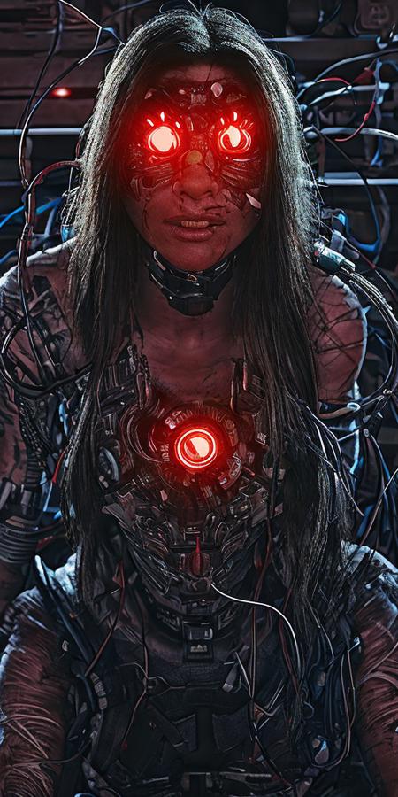 <lora:CyberMaelstrom:1>, glowing eyes, cybernetic implants, one character, multiple eyes, (realistic, vibrant), exposed wires, small scars, wrinkles, machinery, disfigured, haggard