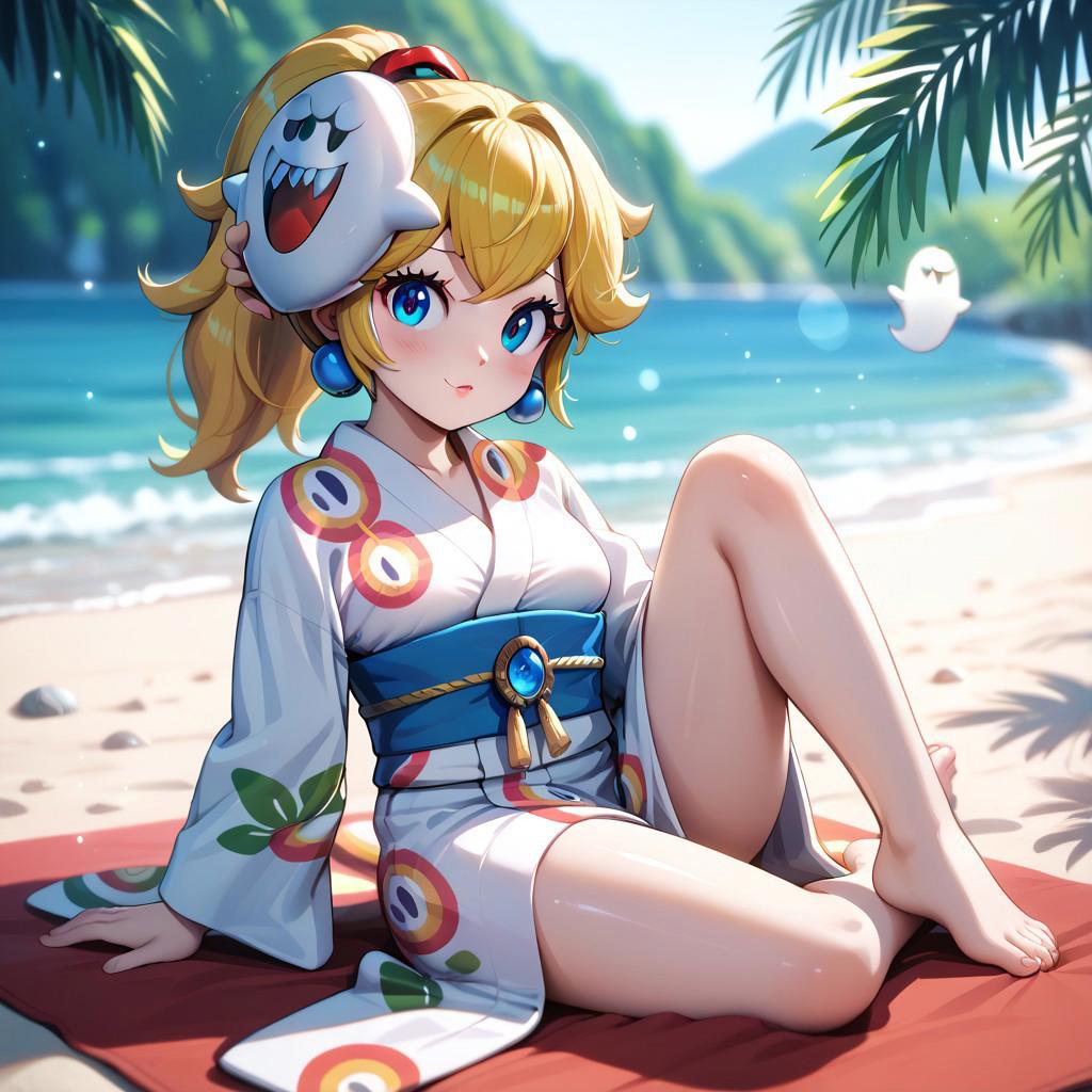 1girl, IncrsPchYukata, long hair, ponytail, japanese clothes, yukata, mask on head, obi, sash, boo,  earrings, jewelry
sunshine, light particles, beach, sitting, beach towel, leg up, barefoot, soles, toes, [[foot focus]]  , feet
(best quality), ((intricate details)), (shiny skin), [eye lashes], ((anime style, extremely detailed, finely detailed, beautiful detailed face, beautiful detailed eyes, beautiful detailed shading)), (beautiful, beautiful amazing, ultra-detailed, 8K wallpaper, vibrant colors), [high saturation], [blush], cute, (perfect body, perfect anatomy, perfect face), (ultra-detailed face, perfect nose),  beautiful scenery, best quality, 2020s, highres, score_9, score_8, score_7, sharp focus,  (medium breasts)