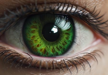 close shot of an eye with an open pupil, very detailed, texture, green light, 16K