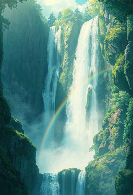 Vertical 9:16 cinematic anime scene, majestic waterfall cascading over ancient mossy cliffs, shimmering droplets catching sunlight, mist dancing in slow motion, rainbow faintly visible near the spray, lush jungle background, pastel emerald and aquamarine palette, ultra-detailed anime watercolor style, dreamlike and powerful.
Inspired by: Children Who Chase Lost Voices