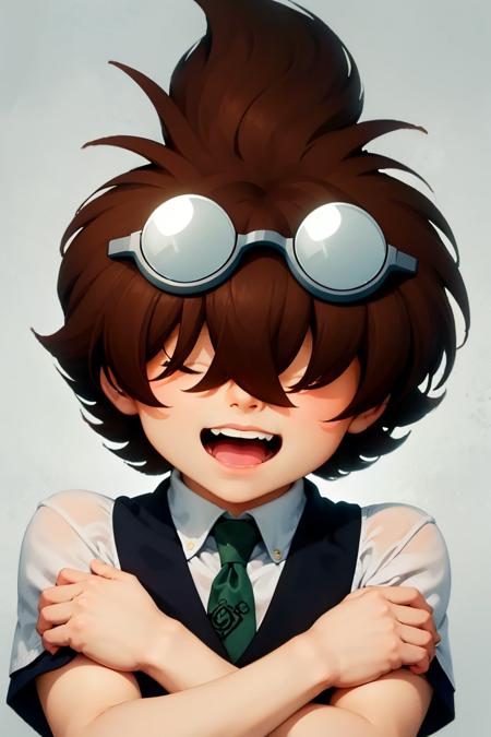 kenny, smile, open mouth, brown hair, 1boy, male focus, necktie, shorts, goggles, goggles on head, eyewear on head, hair over eyes