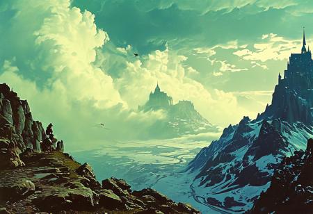Transposition of Mont Saint Michel in the Alps. They play among the clouds, a ballet of gusts and breezes, embodying the freedom of the open air., 
in the style of a frank frazetta oil painting mixed with world of warcraft
, in the style of an old 80's VHS dark fantasy, VHS screen grab, grainy, old footage