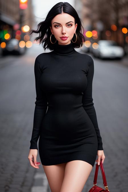 photo of (oliviarose:0.99), ((cowboy shot, waist, hips, thighs)), (walking), lipstick, (tight turtleneck sweater dress),(short hair, black hair),(red dress), ((city street, nighttime)), (best quality) ((detailed eyes, detailed face, detailed skin):1.2), smile, purse, natural light, (masterpiece:1.2) (photorealistic:1.2) (best quality) (intricate details) (8k) (HDR) (cinematic lighting) (sharp focus), (looking at the camera:1.1), ((closeup portrait:1.2)), hoop earrings