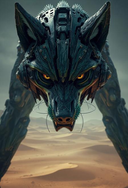 ultra-high quality, ultra-detailed image of a hybrid mechanical wolfman, hybrid creature, mid male human, mid Wolf, seamlessly blending mechanical and organic elements, dark and green colors, commanding presence, capturing her entire body, Face: Highly detailed, lifelike features with expressive, piercing eyes that convey her strength, fierce, showing a natural blend of mechanical and organic textures, vast, desolate desert of dunes, evoking an abandoned planet, barren landscape.