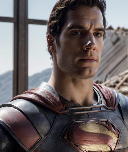 Photo of Henry cavill is superman , superhero, upper body,cinematic, movie, grain movie (2020s), building destroyed , realistic , (8k, RAW photo, best quality, masterpiece:1.2), (realistic, photo-realistic:1.33), best quality, detailed eyes blue, cute,natural lighting, depth of field, film grain, wrinkled skin, sharp, <lyco:locon_henry_v1_from_v1_64_32:1.0>