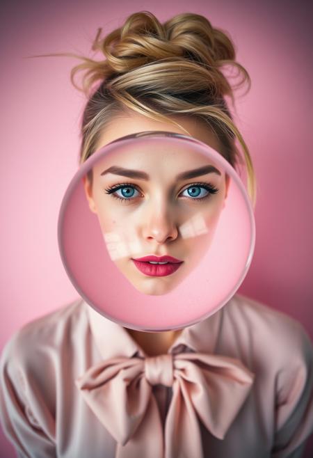 model, medium boobs, perfect eyes, light makeup, freckles, short messy blonde bob, freckles, serious expression, winking,  holding a large fisheye clear glass ball in front of her mouth that refracts her face, dressed in a light pink blouse with a large bow. Her messy bun contrasts against a plain pink background, evoking a playful, whimsical mood. lens effects, film effects