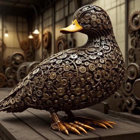 (masterpiece:1.2), (best quality:1.2),(absurdres:1.2),(very aesthetic:1.2),high quality,high score, great score,newest, ambient occlusion,general, soft shadows,cinematic lighting, dynamic lighting,aidmaImageUpgrader, max details,BREAK, no humans, duck(made of gears),robot, mechanical claw, cartoon, indoors, factory, England.