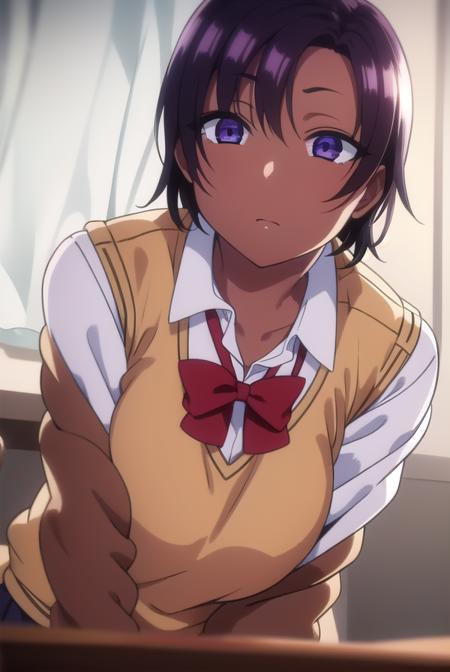 saehinata, <lora:saehinata-lora-nochekaiser:1>, 
sae hinata, blue eyes, purple hair, dark skin, dark-skinned female, short hair,
BREAK shirt, bow, school uniform, white shirt, collared shirt, bowtie, red bow, sweater vest, brown sweater,
BREAK looking at viewer,
BREAK indoors, classroom,
BREAK <lora:GoodHands-vanilla:1>, (masterpiece:1.2), best quality, high resolution, unity 8k wallpaper, (illustration:0.8), (beautiful detailed eyes:1.6), extremely detailed face, perfect lighting, extremely detailed CG, (perfect hands, perfect anatomy),