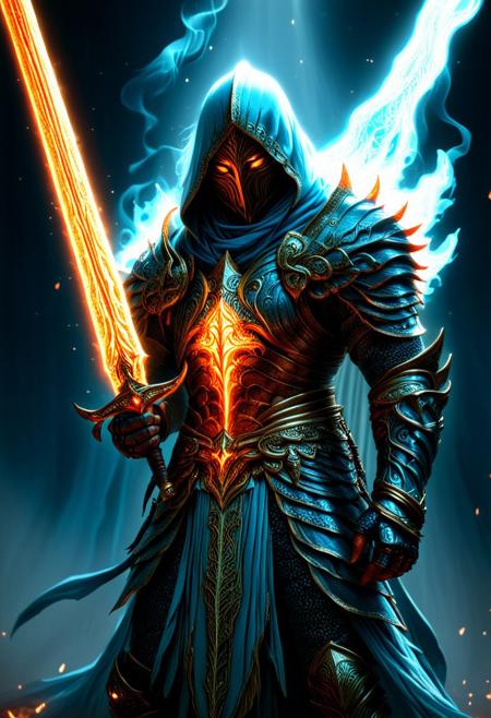 A fantasy warrior holding a sword gripped tightly with both hands, the enchanted blade radiates a shifting blue and orange fiery glow that pierces through the billowing smoke behind them. The warrior, wearing intricately detailed armor, stands resolute, their face partially obscured by a grey hood, exuding an air of mystery and determination. The armor’s ornate engravings shimmer faintly in the ethereal light of the glowing sword, contrasting against its battle-worn texture. Shadows and bursts of light interplay dynamically, amplifying the intensity of the scene. This highly detailed composition creates a cinematic, dynamic atmosphere, perfect for game illustration, wallpaper, or cinematic concept art.
Improved, hkstyle, masterpiece, best quality, highly detailed, sharp focus, dynamic lighting.
