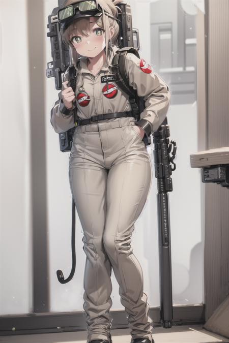 (khaki ghostbuster uniform), protopack, ghostbuster logo, (white pupils), (wide hips), flat chest, goggles, mature female, office, indoors, long hair, solo, 1girl, smile, <lora:Ghostbuster Uniform V4:0.6>