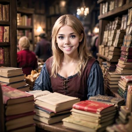 highly detailed documentary photo of vendor (books), 

1girl, solo, ((cleavage)), looking at viewer, smile, blonde hair, food, teeth, indoors, grin, blurry, book, depth of field, box, vest, 

medieval bookstore,

masterpiece, best quality:1.1, 

ultra photoreal,
photorealistic:1.0, 
sharp focus:1.1, 
depth of field:1.1, 
(edge lighting:1.2),
(shadow play:1.2),

50mm, style of Nathan Wirth, Hasselblad X1D II, Porta 160,
