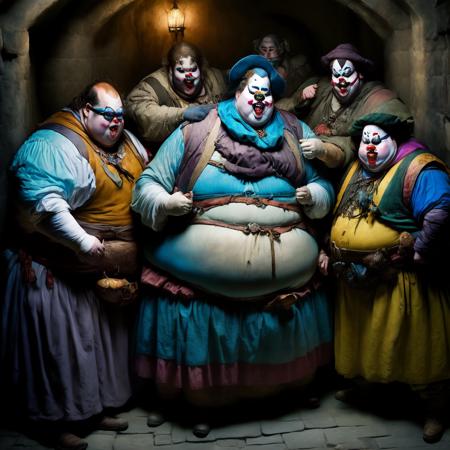 photo, a group of obese Adventurer clowns in a badly lit dungeon (ClownDungeon style:1)  <lora:djzClownDungeon:0.8>