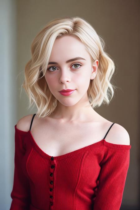 award winning color photograph of K13rN4N5H1PK42 as Sabrina Spellman, ((short wavy white bob)), (((red sweater))), hyper realistic photograph, detailed collarbones, detailed symmetrical face, body shot, perfect proportions, face in frame, film grain, Eye contact, (cold skin pores:1.5), Kodak portra 800, f1.8, --ar 2:3 --beta --upbeta