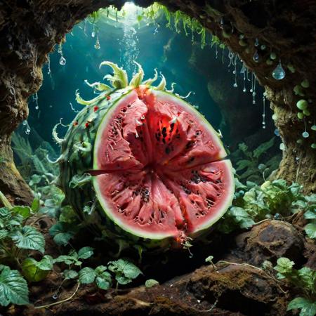<lora:xl_more_art-full-xl:0.6>, <lora:add-detail-xl:2.0>, famous artwork (by tyler jacobson:1.2), detailed expressive eyes, fantasy style, deep in the crystalline caverns of planet zofflebob v roams a group of four  plant-based life form, the slimy watermelon like oozefruit, shown here as they are emerging from their tunnel lair in the vibrant, gemstone-studded walls of the underground crumbletide, these creatures are covered in crystalline orbshnodder arranged in wondrous hoph fibration bundle patterns, reflecting the iridescent glow of the bioluminescent fungi around it, one should watch out for their dangerous zighty tail, ultra high detail, ultra realistic, 8k