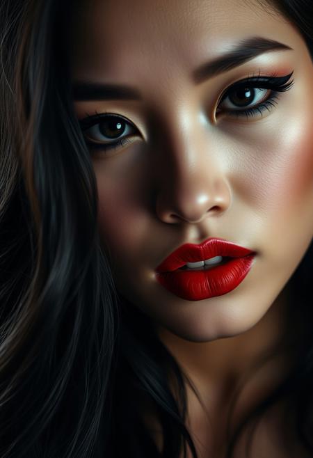 A seductive 25-year-old Vietnamese woman, captured in a close-up portrait. Her raven hair, styled in loose waves, frames a face of enigmatic beauty. Dark, smoky eyes, accentuated by a dramatic winged eyeliner and a sultry, smokey eyeshadow, hold a mysterious allure. Her lips, full and luscious, are painted a striking shade of matte red, inviting a kiss. The subtle contouring highlights her cheekbones, adding depth and dimension to her face. The photographer’s expert use of lighting and shadow creates a dramatic, almost cinematic atmosphere, emphasizing her raw sensuality and dangerous allure. Every curve, every glance, is a deliberate invitation to a world of desire.