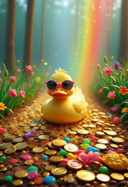 candys,cartoon-style scene of a fabulously wealthy duck, vibrant field filled with fluttering dollar bills, wearing a lavish bling-bling gold chain, sunglasses, looking relaxed. Oversized coins, colorful flowers swaying in the breeze. Bright, sunny, with a rainbow arching overhead, adding to the whimsical and extravagant atmosphere of this rich duck's dreamland, lake of golden coins, falls of gold coins instead of water,
[style of greg rutkowski,janek sedlar,jenny saville:0]  <lora:vivid_everclear:0.35>  <lora:Sinozick:0.35>  <lora:MJ52:0.35>,flux-style