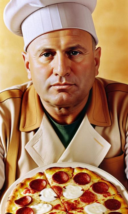 award winning photo of BenitoMussolini, in color, (wearing white chef hat), cooking hat, (holding pizza in hand), highly detailed, masterpiece, hdr, intricate detail, skin pores, light reflection, 8k, 4k, <lora:Hellloo:0.7>