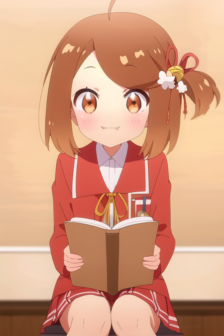 1girl, solo, looking at viewer, blush, smile, short hair, bangs, brown hair, hair ornament, brown eyes, closed mouth, tail, hair ribbon, ahoge, High school uniform, long skirt, long sleeves, pocket, fang, side ponytail, bell, :3, depth of field, High school classroom background, You sit in the school, You read book, female focus, fox tail, jingle bell, hair bell, Beautiful School Uniform, fang out