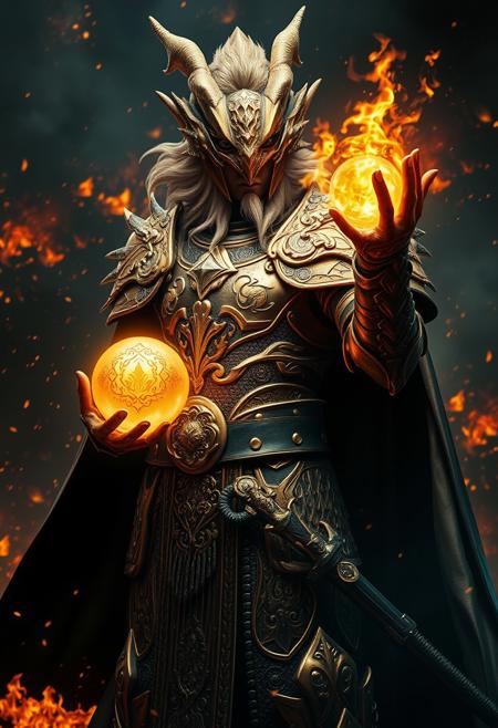 ultra-realistic, highly detailed image of a majestic armored warrior in a fantasy setting. The warrior is clad in intricately designed, golden armor with ornate patterns and a helmet resembling a dragon's head, complete with sharp horns and flowing mane-like hair. The scene is set against a backdrop of swirling flames and sparks, adding a dramatic and intense atmosphere. The warrior holds a glowing, radiant orb of light in one hand, casting a warm, golden glow that illuminates the surroundings. The overall composition should capture the grandeur and power of the warrior, with meticulous attention to the textures of the armor, the fiery backdrop, and the ethereal glow of the orb. Aim for the highest possible quality and realism, making the scene both captivating and awe-inspiring