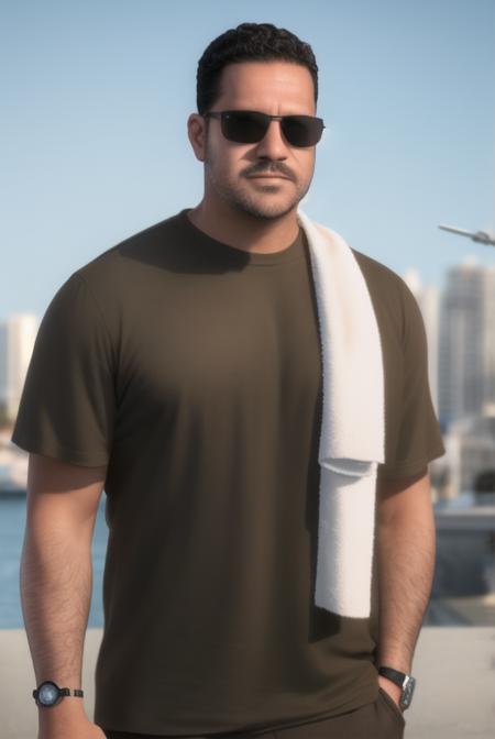 <lora:bogg_dann:0.8>, bogg dann, masterpiece, best quality, 1boy, solo, male focus, shirt, wristwatch, watch, facial hair, night, outdoors, black hair, closed mouth, short sleeves, building, realistic, blurry, brown shirt, t-shirt, photo background, upper body, standing, sky, sunglasses, towel on one shoulder, towel, striped,