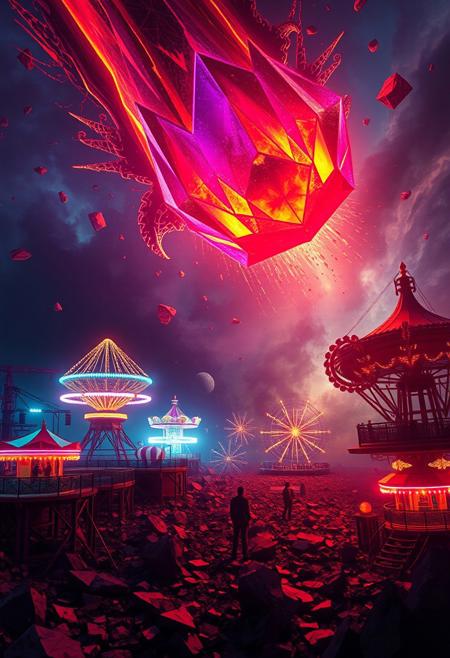 meteor, crashing toward a carnival, vibrant geometric forms, sharp angular meteor fragments, multichromatic oil pastel colors, fragmented atmosphere, glowing hot meteor edges, deep red and violet hues on the meteor, saturated neon colors in the carnival lights, exaggerated geometric rides, recursive shapes in the carnival structure, interlocking polygonal patterns in the rides and booths, shattered terrain below, intricate fractal patterns in the meteor’s trail, chaotic, glowing reflections across metal structures, sharp and jagged forms in the debris, dystopian vibe, high contrast between the meteor’s fiery glow and carnival lights, stark lighting, photorealism, high resolution, (emphasis on sharp geometric meteor and carnival forms:1.6), intersecting planes of the meteor and carnival structures, fractured geometry, unsettling atmosphere, (blurry:-1.2), (ugly:-1.3), (polished:-1.3), (cartoonish:-1.1), (low quality:-1.2), (smooth surfaces:-1.4), (overly ornate:-1.5), (disjointed anatomy:-1.3), (noisy:-1.1), (bad composition:-1.3)