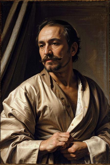 a portrait painting of a man by Crvgg, close-up, old man, bears, mustache, robe, cloth, shirt, indoors, simple background, <lora:caravaggio_resize:1>