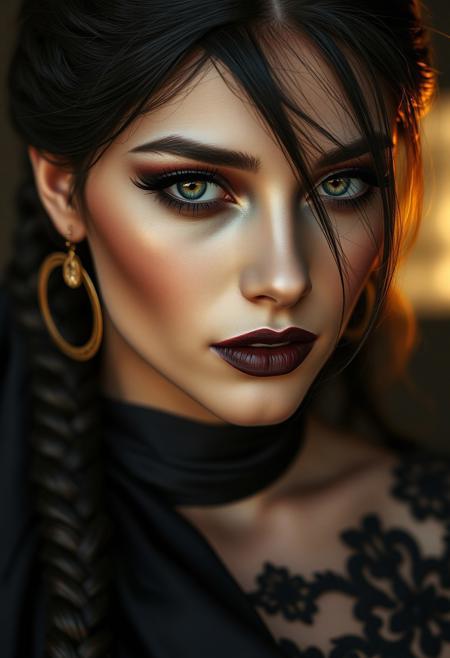 closeup portrait of a woman goddess ATHENA mid 30s, thin fit, big boobs, jet black sleek hair fading to gold, dramatic smokey eye makeup, high-neck black silken top, golden lipstick, subtle tear-shaped face jewel, soft moonlight on pale skin, photorealistic  
closeup, photorealism, braided hair, big boobs, thin fit, smokey eye, lace top, black lipstick, moonlight, one eye looks like an owls, golden  iris 
fullbigttgothgflady-mk.1