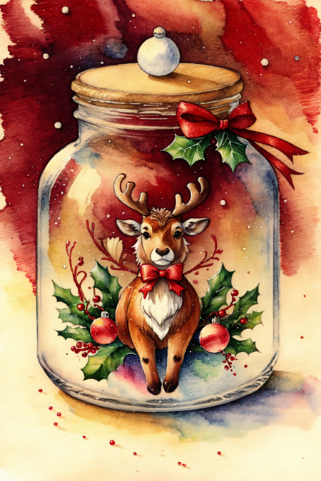 <lora:ChristmasFood:0.8> ChristmasFood, Reindeer in a glass jar, traditional media, red theme