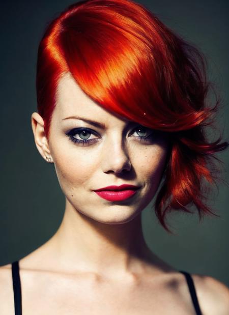 portrait of sks woman by Flora Borsi, style by Flora Borsi, bold, bright colours, orange Mohawk haircut, ((Flora Borsi)), <lora:locon_emmastone_v1_from_v1_64_32:1.4>