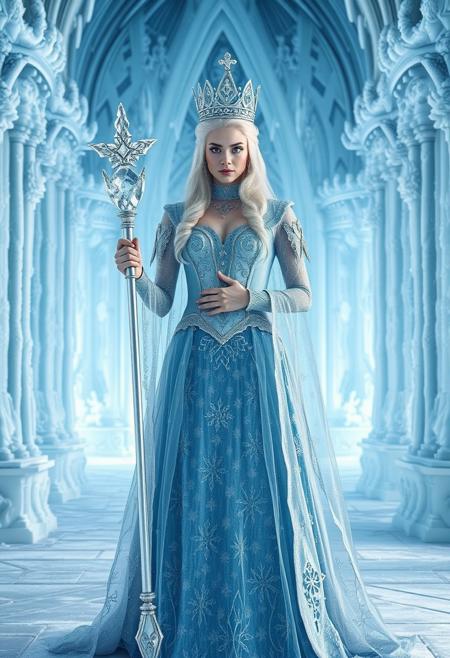 A regal ice queen with platinum-blonde hair stands in a grand palace made entirely of ice. Her icy blue gown is decorated with intricate snowflake patterns, and her skin seems to shimmer with frost. She holds a scepter made of ice, and her cold, piercing gaze reflects the frozen beauty of her surroundings.