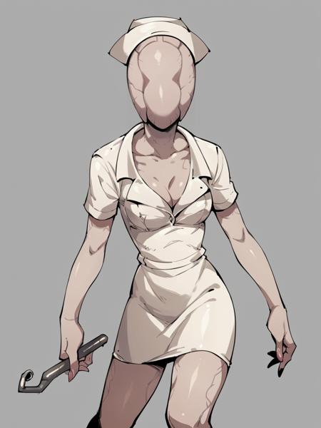 bubble head nurse, 1girl, solo, nurse, nurse cap, bandage mask,  flesh mask, black hair, blood,