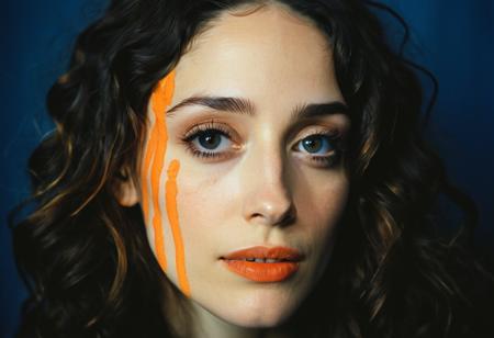 by John Totleben, Alan Davis, Concept art, surreal, close up of a Bohemian (Emmy Rossum:1.2) , she is Nerdy, deep focus, Surprising, (Navy Blue theme:0.7) , short lighting, High Shutter Speed, Kodak portra 800, F/8, blue and Orange neon hue, expressive brush strokes, intricate detailed face, matte skin, 64K