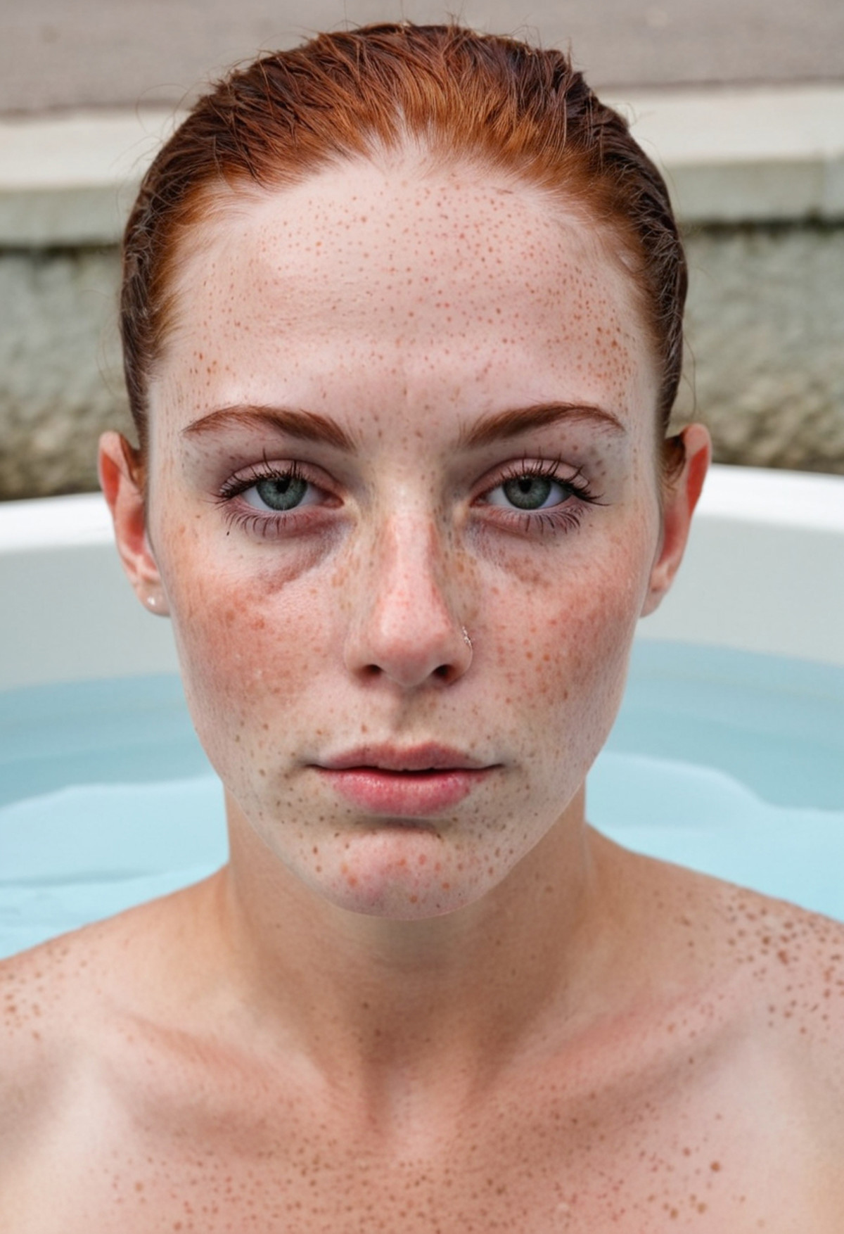 <lora:174F792232:0.8> woman, in a hot tub, natural freckles, extreme freckles