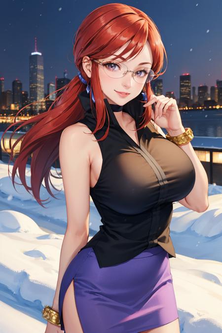 masterpiece, best quality,  <lora:lorelei-nvwls-v1-000009:0.9> frlgLorelei, red hair, swept bangs, glasses, black shirt, sleeveless, bracelet, purple skirt, large breasts, smile, looking at viewer, winter, cityscape, snow, hand up