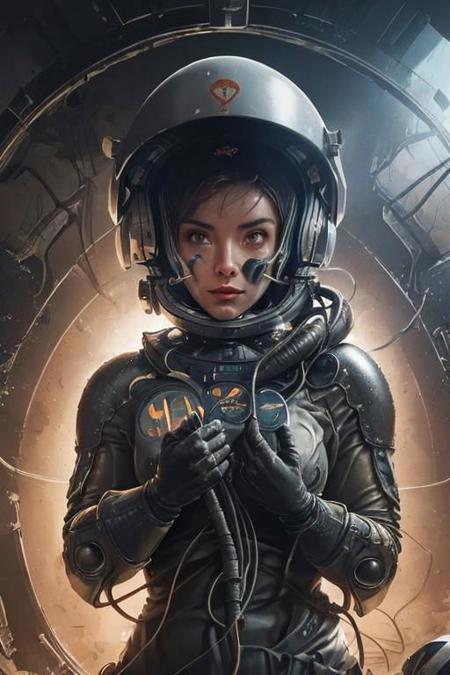 masterpiece, ultra high resolution, 3/4 view, (upper body:1.5), a woman in a space suit with a helmet on mars, space explorer, sovietpunk, breathtaking background, fantastic scenary, connected with wires to metallic orbs, elegant pose,