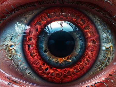A macroscopic photo of a red human eye. 8k resolution, 4k image. HDR highly detailed. vivid. UHD, amazing depth, glowing rich colors, powerful imagery. Art by John Collier and Albert Aublet and Krenz Cushartore and Artem Demura and Alphonse Mucha<lora:xl_more_art-full_v1:0.95>