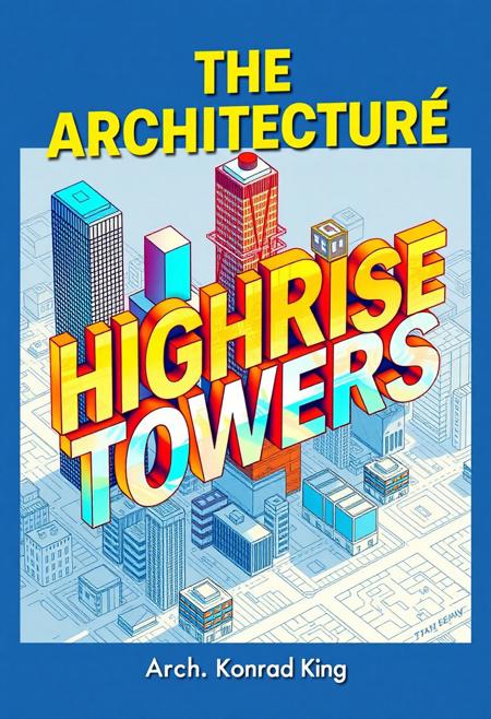 Create a book cover called ("The Architecture of Highrise Towers"), the letters of the title are 3D in the shape of highrise buildings overlooking a sketch plan of a city in USA viewed from an isometric high angle, with the letters stacked on top of each other, the ("THE") is a building, ("ARCHITECTURE") is a taller building, ("OF HIGHRISE TOWERS") is another all building with the letters stacked vertically on top of each other to form the shape of the building.
 The book cover has vivid colors with a color metallic and blue color pallette very well rendered and extremely detailed, at the bottom are the name of the author ("Arch. Konrad King) written in a architectural sketch font.