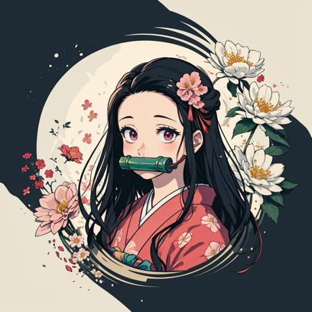 kamado nezuko, bit gag, kimono, (abstract), (flowers), (flower), leaves, (sfw), <lora:Ink scenery:0.8>,  <lora:kamado_nezuko_offset:0.8>