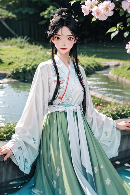 Best quality, masterpiece, 1 girl, wearing hanfu, looking at viewer,embroidered robe with exquisite details, surrounded by flowers, ((flowing water))
 <lora:Guofeng_minimalism_v1:0.8> <lora:tangStyle5:0.3>