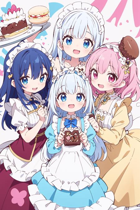 4+ girls, multiple colored hairs, sweet maids, random cute faces, super happy smiling, open mouth, group shot, zoom camera, sweet tea party, lots of cakes, macarons, chocolates, parfaits, cookies, land of sweets