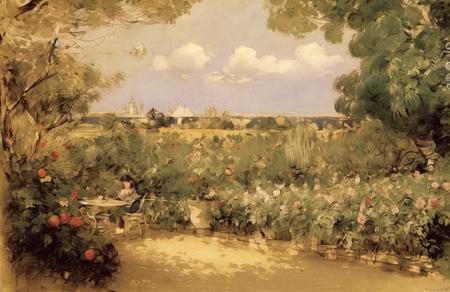 (style of Charles Conder:1.15), scenery,scene painting,a painting, orchard ,terrace ,yard ,garden ,hacienda ,arboretum , Forest ,