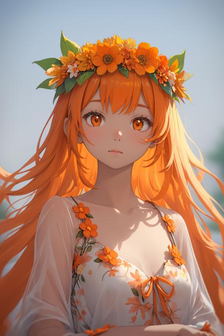 Girl, Orange Flower Crown, shallow depth of field, Proud, two colors