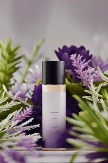 (masterpiece:1.33),(bestquality:1.33),(ultra-detailed:1.21),studio photography,(realistic:1.21),Product Photography,RAW photo,white flowers,purple flowers,leaves,(red flowers:0.8),volumetric lighting,Morning sunlight,square transparent glass bottle,film grain,<lora:MooMoo-Flower Cosmetic:1>,<lora:LCM-SD1.5:1>,