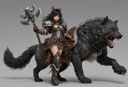 score_9, score_8_up, score_7_up, score_6_up, score_5_up, score_4_up, 1girl(Small, Halfling, muscular, dark skin, brown eyes, black hair, long shaggy hair, wearing fantasy armor, fur boots, studded leather armor, fur gloves) riding dire wolf (large, muscular, furry)
full body shot, 8k, high quality, blizzard