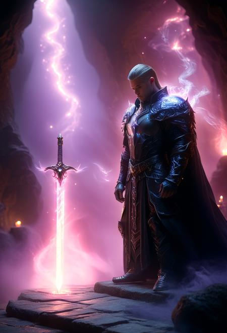 fill the scene with smoke and haze, authenticity, A mystical scene depicting a man in an ancient, fantasy style. He is sitting in a meditative pose on a stone platform in a gloomy, magically illuminated cave. the colors are dim, The background is filled with many pink and purple fire on candles that emit a soft glow. The character himself is dressed in ritual or combat armor with elements of leather and metal, holding a long staff decorated with magical symbols in one hand. His hairstyle is shaved sides with short hair on top. In his other hand, he creates magical energy that glows and sparkles. The atmosphere of the picture is filled with magic, mystery and a sense of power.
The cave looks dark, but the glow of the candles and magic adds bright accents.