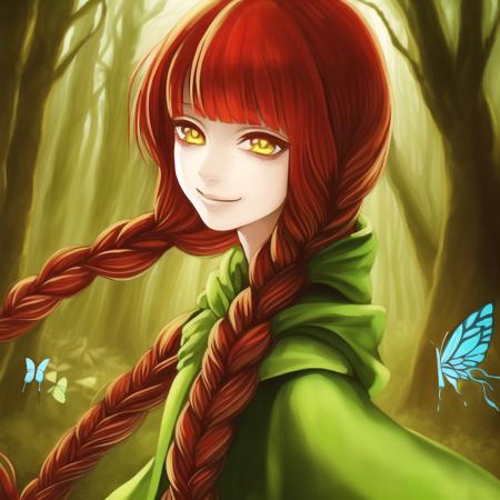 1girl, braid, solo, butterfly, bug, long hair, red  hair, twin braids, tree, hood, cloak, forest, looking at viewer, nature,  golden eyes, smile, green eyes, night