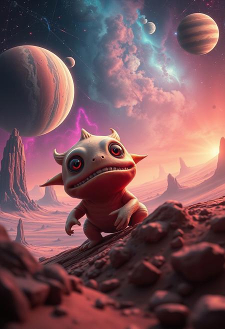 An adorable and charming monster in an electric, vivid colored cosmic landscape. Surreal space art featuring alien terrains, distant planets, nebulae, futuristic technology, starry skies, atmospheric effects and science fiction aesthetics.