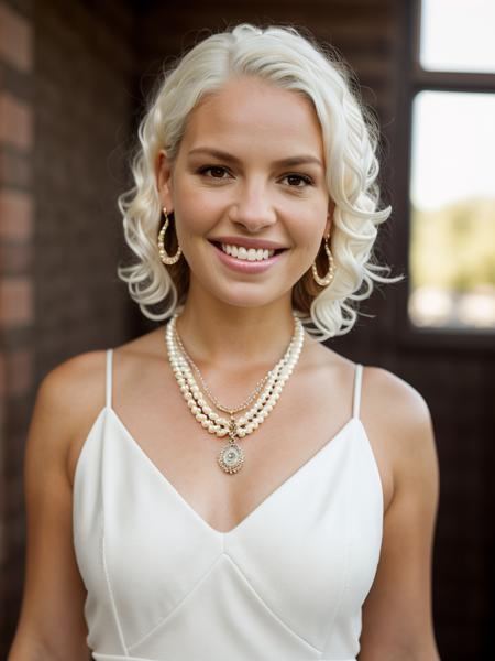 A beautiful k4th3r1n3h woman, 1girl,solo,looking at viewer,smile,short hair,(((white hair))),curly hair, dress,brown eyes,jewelry,upper body,earrings,teeth,necklace,white dress,grin,lips,portrait,curly hair,realistic,pearl necklace,soft lighting, professional Photography, Photorealistic, detailed, RAW, analog, sharp focus, 8k, HD, high quality, masterpiece<lora:k4th3r1n3h:1.0>