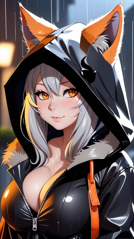 furry girl, masterpiece, best quality, solo, rain, hood, animal ears, furry, hood up, 1girl, jacket, upper body, hooded jacket, closed mouth, whiskers, raincoat, cat, furry female, cat ears, orange eyes, portrait, masterpiece, best quality, medium breast, hentai waifu, witch hat, black latex clothes, photorealistic