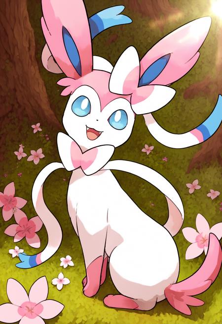 SYLV30N, white body, pink paws, pink tail, pink ears, long ears, blue inner ears, ribbon, bow, ribbon-like feelers, quadraped, light blue eyes, colored sclera blue sclera animal focus chibi